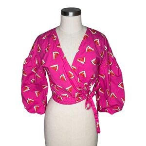COLOR ME COURTNEY Wrap Top Pink Watermelon Puff Sleeve Women's Size Small Fruit